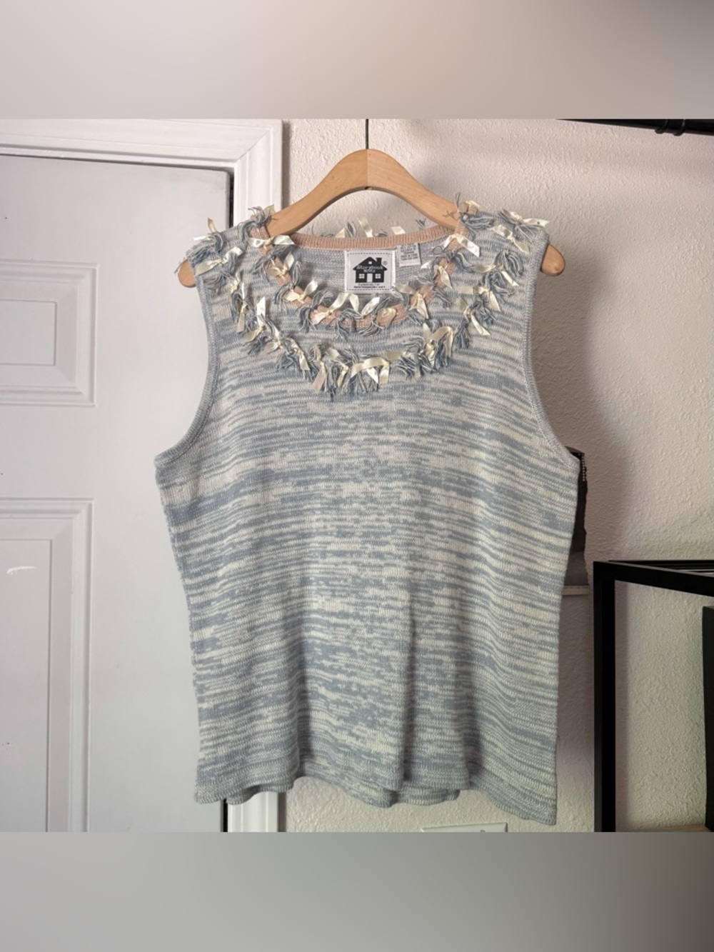 STORYBOOK KNITS blue cream fringe ribbon sleeveless chunky knit tank top sweater